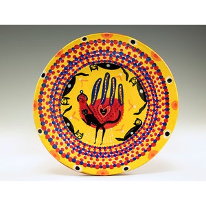 Black Cats and a Red Bird - Painting by Jenny Mendes on a round ceramic 6 1/2 Inch Plate - One of a Kind Decoration