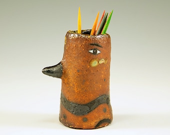 Vinnie - Wood Kiln Fired Bird Toothpick Holding Bud Vase by Jenny Mendes - Toothpicks show Scale