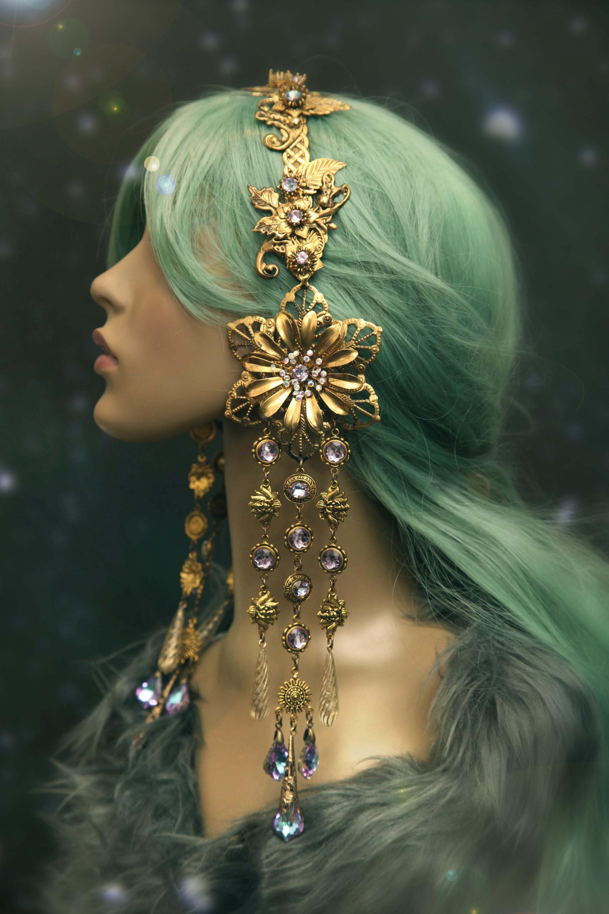 Art nouveau Mucha insp. wedding star flower headpiece tiara crown mermaid siren fairytale medieval elven ethnic vitrail light crystal