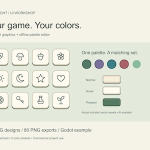 May include: A digital graphic design set titled MOSSLIGHT / UI WORKSHOP featuring twelve square icons with line art symbols including a leaf, mushroom, acorn, flower, sun, moon, star, heart, target, key, potion bottle, and sprout.