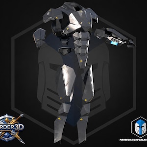 May include: A dark gray, segmented full-body suit of armor featuring angular plating, metallic textures, and small yellow triangular accents. The armor includes a chest piece, shoulder guards, arm gauntlets with blue light details, and leg plates.