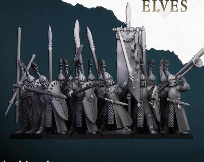 Aegean Elves Spearmen 3D Miniature | Highlands Miniatures | 32mm Resin DnD Fantasy Wargaming
