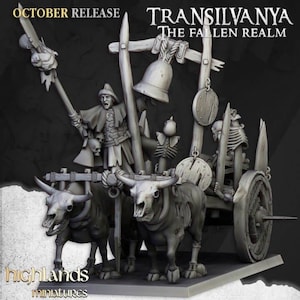 May include: A grey miniature model depicting a fantasy scene with a cart drawn by two oxen. The cart carries a figure, a skeleton, and a bell. The text "OCTOBER RELEASE" and "TRANSILVANYA THE FALLEN REALM" are visible.