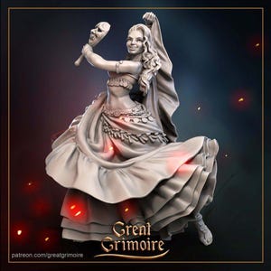 May include: A grey figurine of a dancer holding a mask, with flowing fabric and a layered skirt. The figurine has intricate details and is posed mid-dance. The text "Great Grimoire" and a website address are visible at the bottom.