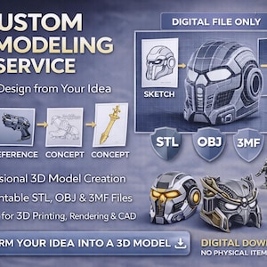 Puede incluir: Anuncio de un servicio de modelado 3D personalizado. La imagen muestra un proceso paso a paso, desde el boceto hasta el concepto, con ejemplos de modelos 3D como un casco y una espada. El texto incluye "Digital Design from Your Idea" y "Digital File Only."