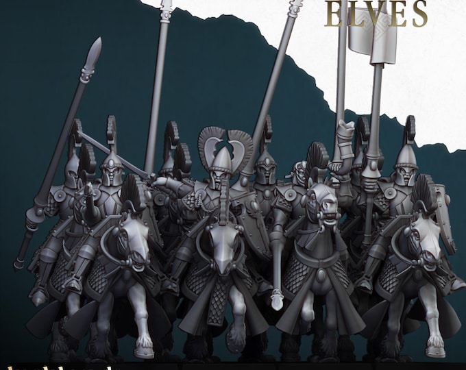 Aegean Elves Mounted Lances 3D Miniature | Highlands Miniatures | 32mm Resin DnD Fantasy Cavalry
