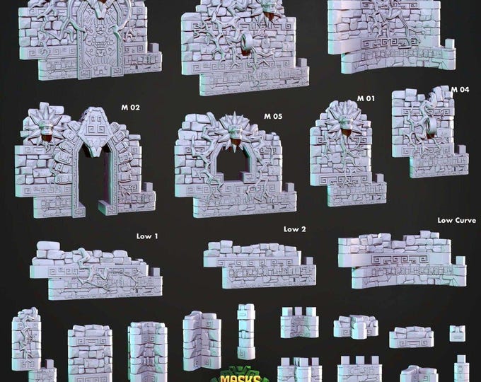 Masks of Kiimil Temple Walls Terrain | 3D Printed Resin Scenery | Cast N Play DnD Tabletop RPG