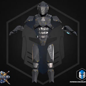 Könnte beinhalten: Ein dunkelgrauer und metallisch silberner Ganzkörper-Rüstungsanzug mit Helm, Brustplatte, Schulterschutz, Armteilen und Beinschienen mit kleinen gelben dreieckigen Akzenten. Der Text BORDER3D und PATREON.COM/GALACTICARMORY ist sichtbar.