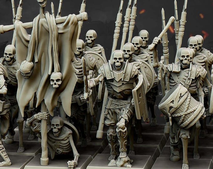 Skeleton Spearmen Command Group 3D Miniature | Highlands Miniatures | 32mm Resin DnD Tabletop RPG