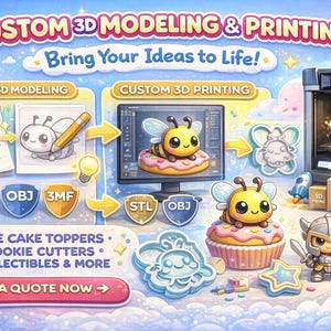 Puede incluir: Anuncio de servicios de modelado e impresión 3D personalizados. La imagen presenta una impresora 3D, ilustraciones de lindos personajes de abejas y ejemplos de artículos impresos en 3D como adornos para pasteles y cortadores de galletas.