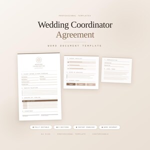 May include: A minimalist wedding coordinator agreement template. The document includes sections for client intake, service selection, wedding day timeline, and signatures. The template is fully editable and available for instant download.