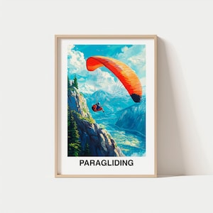 Impresión de viajes en parapente, deportes de ocio, regalo de viajes en parapente, póster imprimible, descarga digital, regalo de cumpleaños, arte de parapente