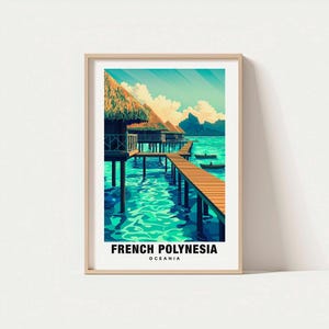 Impresión de la Polinesia Francesa: Arte de viaje, paisaje isleño, vistas a la laguna, escapada a la playa, paisaje escénico, encanto tropical, paraíso del Pacífico, Oceanía