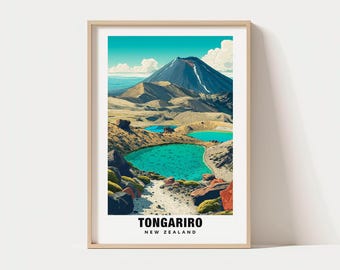 May include: Framed art print featuring a scenic landscape of Tongariro National Park in New Zealand. The artwork showcases a mountain with a snow-capped peak, turquoise lakes, and a pathway. The print includes the text "TONGARIRO NEW ZEALAND" at the bottom.