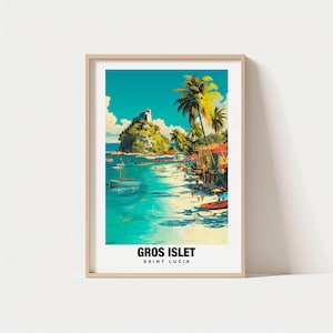 Pode incluir: Uma impressão artística emoldurada de Gros Islet, Santa Lúcia. A obra de arte retrata uma cena de praia tropical com água turquesa, palmeiras e uma pequena ilha com um edifício no topo. O texto "GROS ISLET SAINT LUCIA" é impresso na parte inferior.