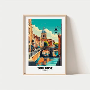 Impression de Toulouse - affiche de France, vues de la ville, art du voyage, charme historique, scène de rivière, beauté française, escapade pittoresque, ambiance rose de la ville