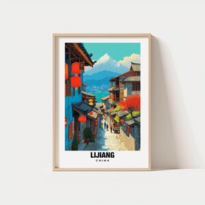 Cartel turístico de Lijiang: Vistas panorámicas del casco antiguo y las montañas.