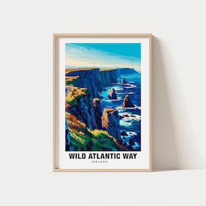 Impresión de la Ruta Salvaje del Atlántico: Póster de Irlanda, Vistas costeras, Arte de viaje, Acantilados escarpados, Belleza paisajística, Escapada al océano, Encanto irlandés, Arte costero