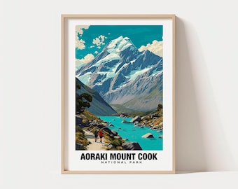 Aoraki Mount Cook National Park Travel Poster, New Zealand Travel Print Wall Art - New Zealand  Print, Digital Download, New Zealand Travel