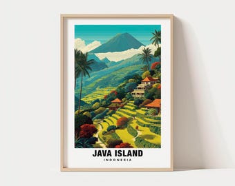 Java Island Print – Indonesia Poster, Travel Art, Volcanic Landscape, Cultural Scene, Scenic Views, Tropical Charm, Nature Escape,Island Art
