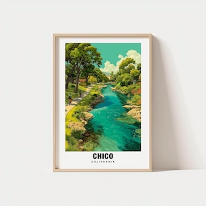 May include: A framed art print featuring a vibrant illustration of a river scene in Chico, California. The artwork showcases a turquoise river winding through a lush green landscape with trees, a pathway, and the text "CHICO CALIFORNIA" at the bottom.