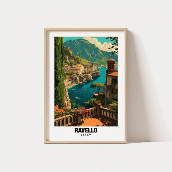 Pôster de Ravello, Itália, com vista para uma cidade costeira e paisagens mediterrâneas (impressão digital).