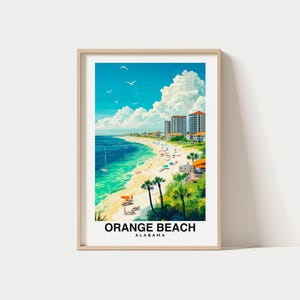 Stampa Orange Beach - Poster di viaggio, arte dell'Alabama, costa del Golfo, spiagge panoramiche, tramonto vibrante, attività ricreative all'aperto, fascino costiero, arte del sud