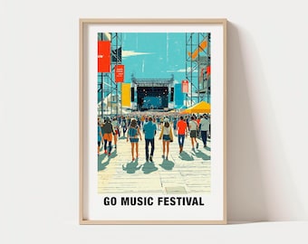 Puede incluir: Una impresión artística enmarcada que representa una escena de festival de música. La imagen muestra una multitud de personas caminando hacia un escenario. El cielo es azul y la impresión tiene el texto "GO MUSIC FESTIVAL" en la parte inferior.