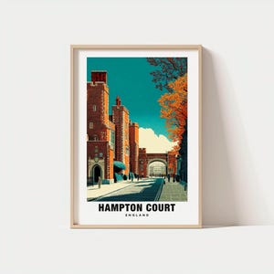 Hampton Court Print – England Poster, Historic Views, Travel Art, Royal Palace Charm, Scenic Gardens, River Scene,  English Beauty