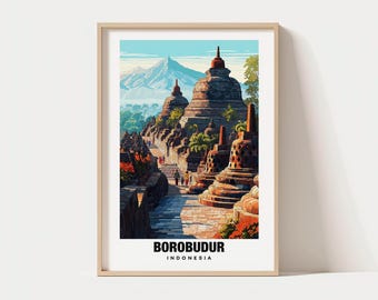 Muurkunst borobudur: historisch uitzicht op de tempel - reisposter Indonesië