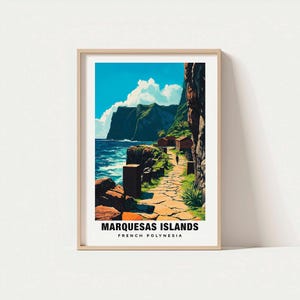 Impresión de las Islas Marquesas: Póster de la Polinesia Francesa, Arte de Viaje, Escena Isleña, Vistas a la Montaña, Escapada Recóndita, Paisaje Panorámico, Encanto del Pacífico