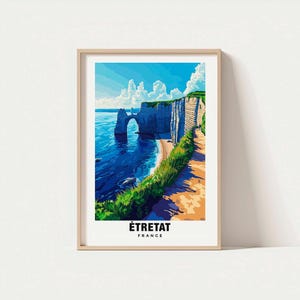Impresión de Étretat: póster de Francia, arte de viaje, escena costera, vistas de acantilados, escapada costera, paisaje escénico, encanto de formación rocosa, arte de Normandía