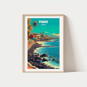 Può includere: Stampa artistica incorniciata raffigurante una scena costiera con il testo "PUAKO HAWAII". L'opera d'arte raffigura una costa con un sentiero, case, palme e una montagna sullo sfondo. La tavolozza dei colori comprende sfumature di blu, verde, arancione e marrone.