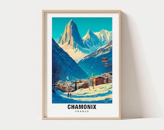Pôster de esqui de Chamonix: Vistas da vila alpina - Paisagem dos Alpes Franceses