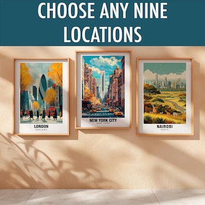 Custom Set of 9 City Prints - Personalized Wall Art, Any Nine Locations, Set of Nine Digital Downloads, Unique City Decor, Travel Posters
