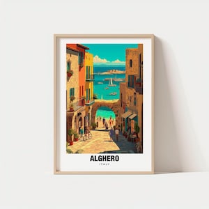 May include: A framed art print featuring a colorful street scene in Alghero, Italy. The artwork depicts a narrow street leading to the sea, with buildings in shades of orange, yellow, and blue. The text "ALGHERO ITALY" is printed at the bottom.