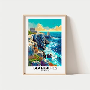 Isla Mujeres - Reiseposter, mexikanische Kunst, karibische Ansichten, kristallklares Wasser, romantische Strände, Inselcharme, lebendige Kultur