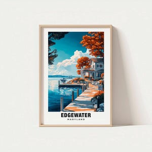 Impresión de Edgewater: póster de EE. UU., arte de Edgewater, póster de viaje, escena costera, vistas al lago, escapada urbana, encanto paisajístico, paisaje sereno