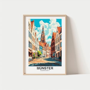 Münster Print - Reiseposter, Deutsche Kunst, Historische Stadt, Malerische Aussichten, Kulturelle Sehenswürdigkeiten, Architektur, Lebendiger Markt, Westfälischer Charme