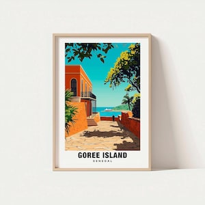 Impresión de la Isla de Gorée – Póster de Senegal, Arte de viaje, Escena costera, Vistas históricas, Escapada isleña, Paisaje escénico, Encanto patrimonial, África Occidental