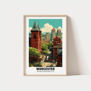 Worcester-print – poster Massachusetts, reiskunst, stadsscène, stadsgezichten, historische charme, schilderachtige ontsnapping, culturele poster, kunst in het centrum