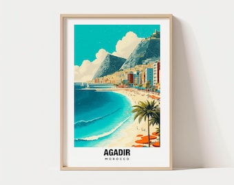 Agadir Travel Poster: Coastal Views and Moroccan Beach Scene