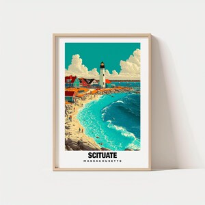 May include: A framed art print of Scituate, Massachusetts, featuring a lighthouse, beach, and ocean. The artwork has a vintage style with vibrant colors, including turquoise water, a blue sky, and colorful buildings. The text "SCITUATE MASSACHUSETTS" is at the bottom.