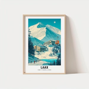 Puede incluir: Una impresión artística enmarcada de una estación de esquí invernal. La obra presenta montañas cubiertas de nieve, un cielo azul brillante y un teleférico naranja. El texto "LAAX SUIZA" está impreso en la parte inferior.