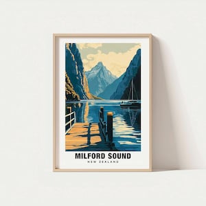 Milford Sound Print - Neuseeland Poster, Reisekunst, Fjord Szene, Blick auf die Berge, Natur entkommen, Malerische Landschaft, Wasserfall Charme
