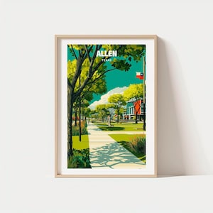 May include: A framed art print showcasing an illustration of Allen, Texas. The image presents a tree-lined path, buildings, and the Texas flag. The word "ALLEN" is displayed at the top of the print, with "TEXAS" below it.