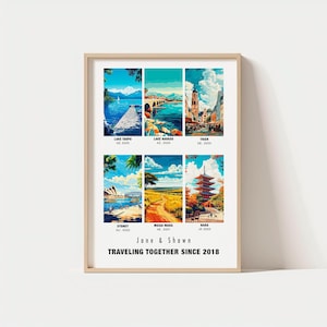 May include: A framed print with six watercolour landscape scenes of travel destinations. Destinations include Lake Taupo, Lake Havasu, Trier, Sydney, Masai Mara, and Nara. The names "Jane & Shawn" and the text "TRAVELING TOGETHER SINCE 2018" are also included.