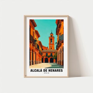 Impresión de Alcalá de Henares: Póster de España, Vistas históricas, Arte de viaje, Encanto español, Calles pintorescas, Ciudad universitaria, Escapada cultural, Medieval