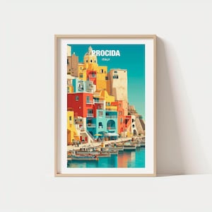 May include: A framed art print featuring a colorful coastal town scene. The image showcases buildings in shades of yellow, orange, red, and blue, with boats in the water. The text "PROCIDA ITALY" is at the top. The artwork is set against a light background.
