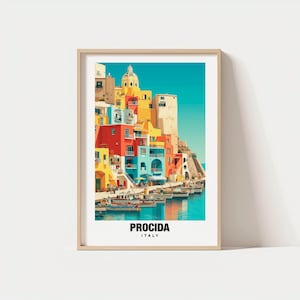 May include: A framed art print featuring a colorful coastal town scene. The buildings are painted in vibrant hues of red, yellow, blue, and orange. The print includes the text "PROCIDA ITALY" at the bottom, with boats in the water.